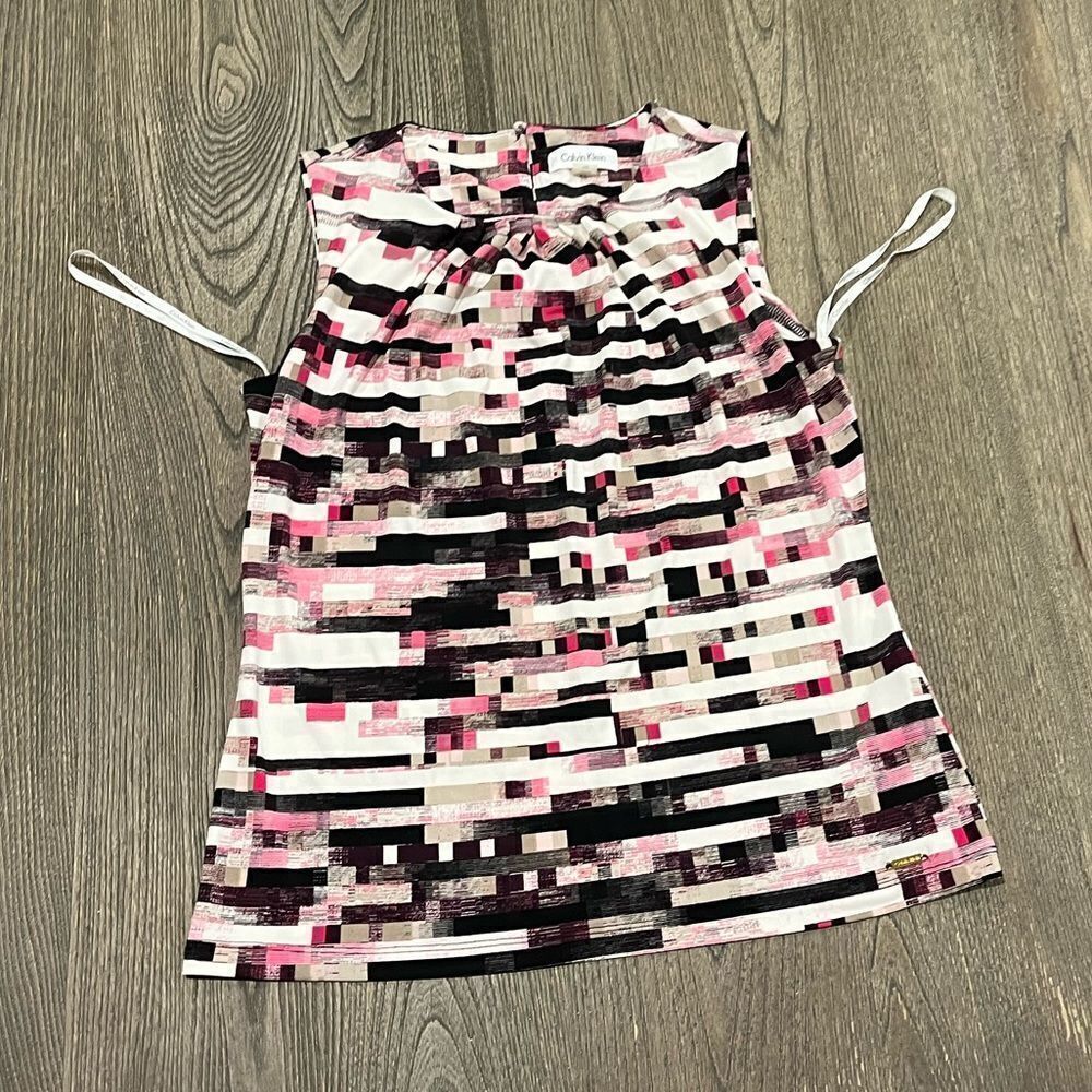 Calvin Klein Black & Pink Pleated Neck Sleeveless Top Size PM
